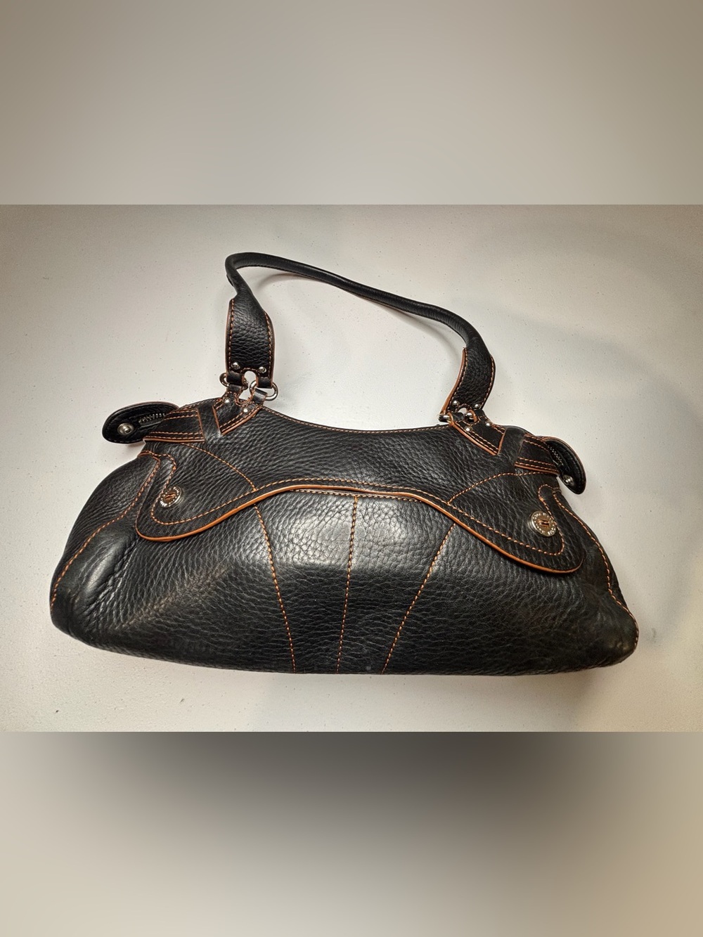Black Leather Shoulder Bag with Orange Contrast Stitching